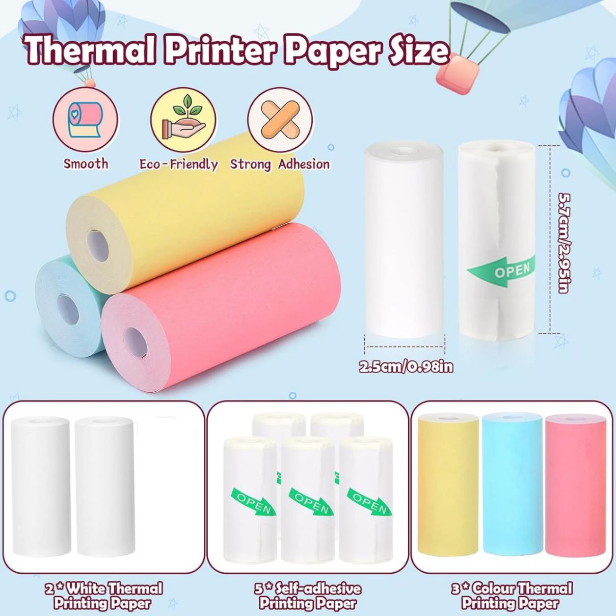 

10Rolls 57*25 Self-adhesive Printing Paper Thermal Label Sticker Thermal Paper Color Paper for Mini Photo Printer Pocket Printer