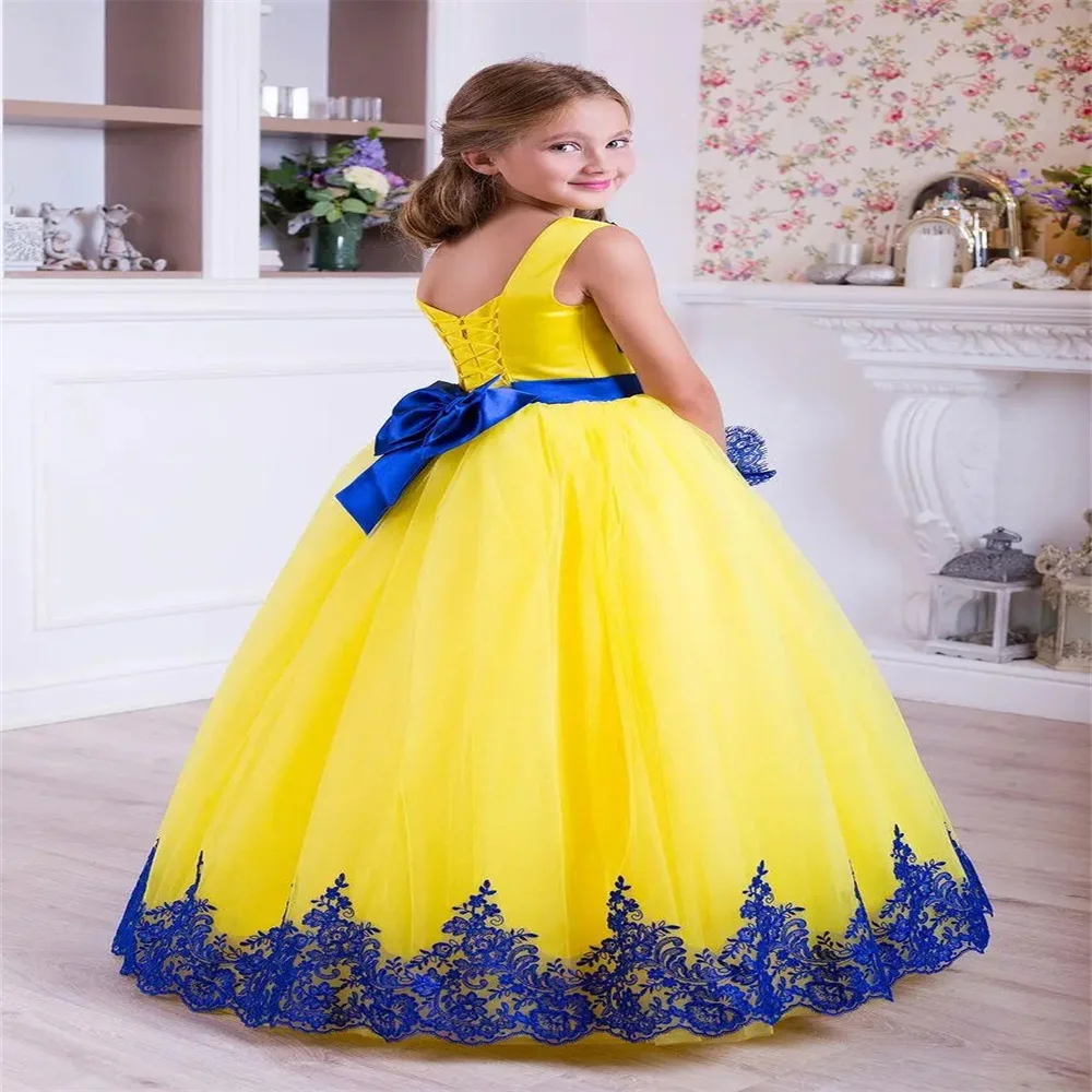 Vestido de baile amarillo con apliques de color azul real, vestido de niña de flores para boda, vestido de primera comunión de tul para niñas, vestido de desfile, disfraces