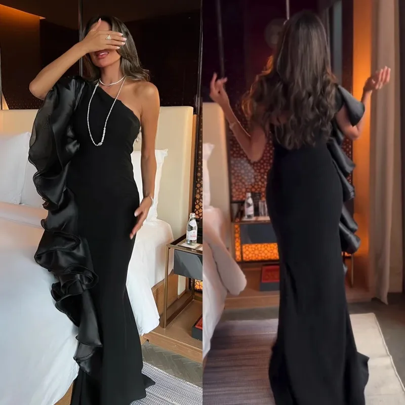 Aleeshuo clásico negro un hombro sirena vestido de noche plisado escalonado sin mangas fiesta graduación vestidos de noche bata 2025 personalizado