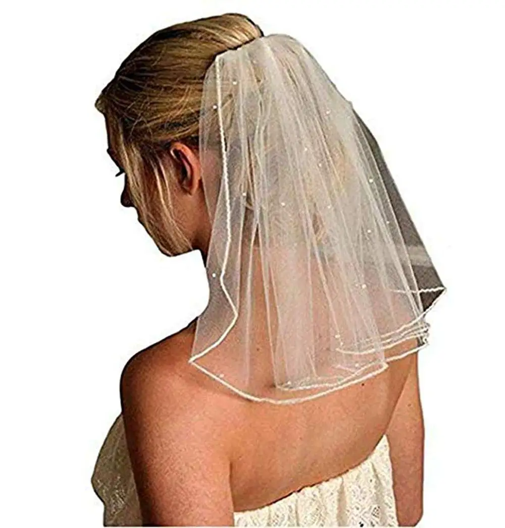 Women's Short Wedding Veils with Comb Lace Appliques Beads Bridal Vei