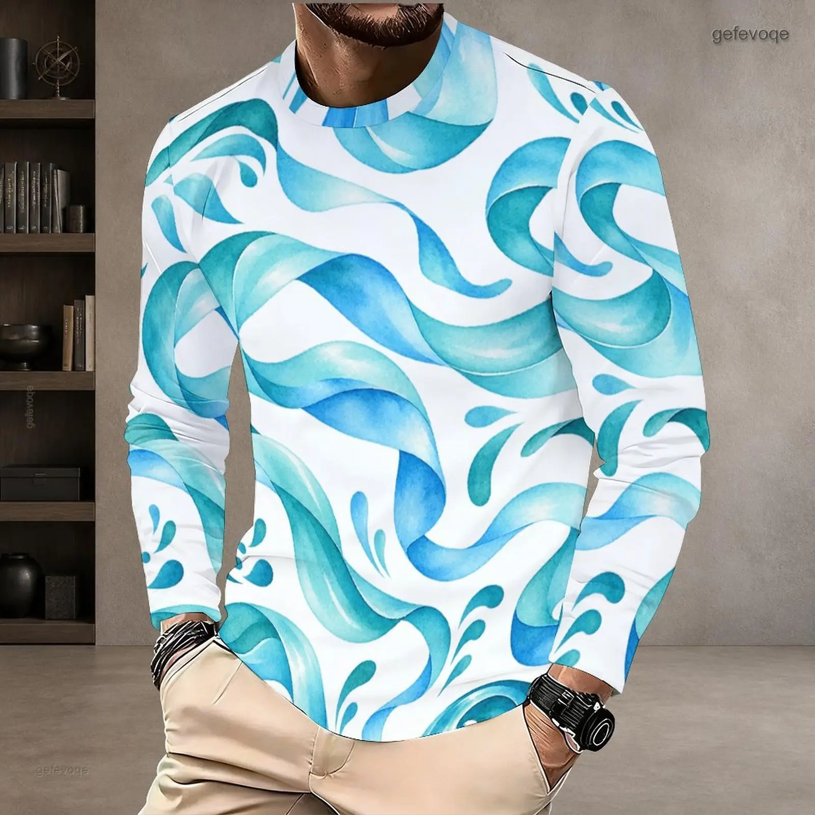 Men Round Neck Long Sleeve T-Shirt, Printed Blue Teal Swirl Wave Pattern White Pullover Top