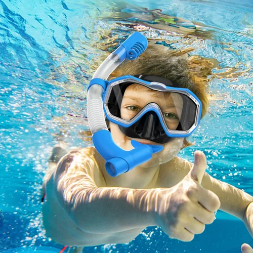 Imagen 1 del producto Máscara de snorkel para niños, 3 ventanas, vista panorámica amplia, HD, tres lentes, ajustable, snorkel, natación, buceo para niños y jóvenes