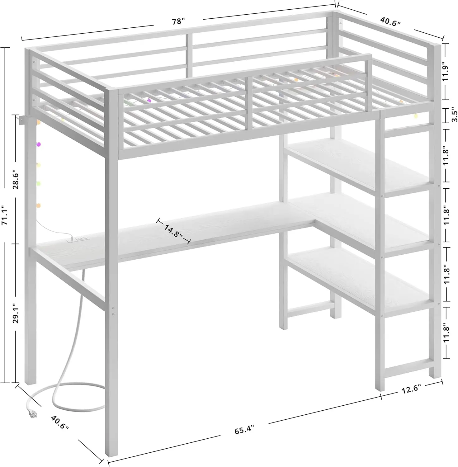 Anctor hoogslaper twin-size met L-vormig bureau en planken, robuust metalen hoogslaperframe met stopcontact en led-verlichting,