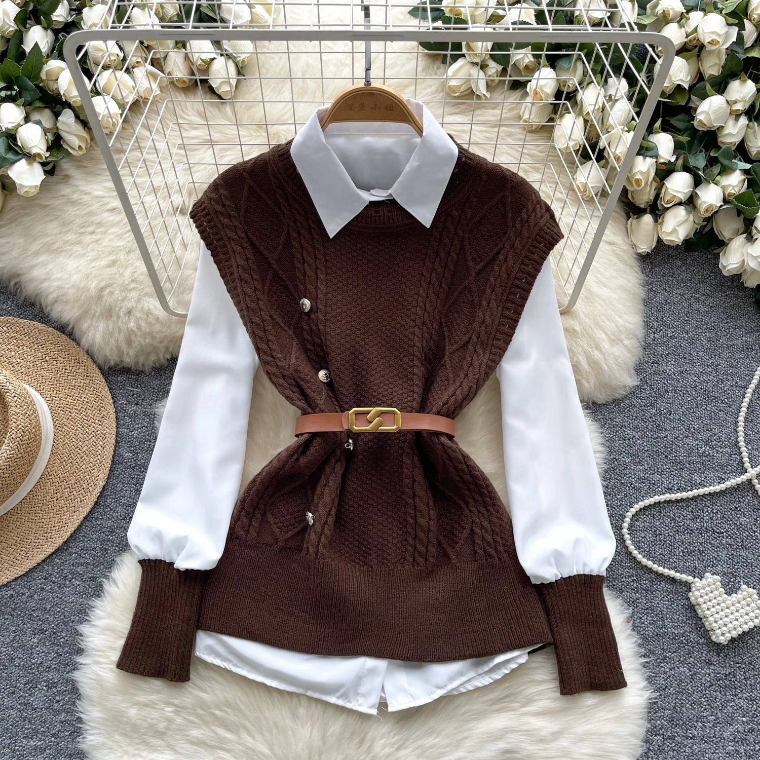 Autumn New Fashion Stacked Shirt Two Piece Set Women\'s Outfits Casual White Blouse and Knitted Pullover Vest Tops Suits Female