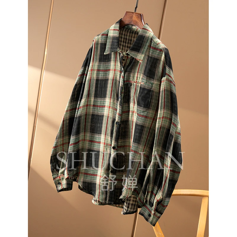 Plaid Double-layer Cotton Yarn Loose Lapel Long-sleeved Shirt Women's 11F2  Womens Tops Blusas Mujer