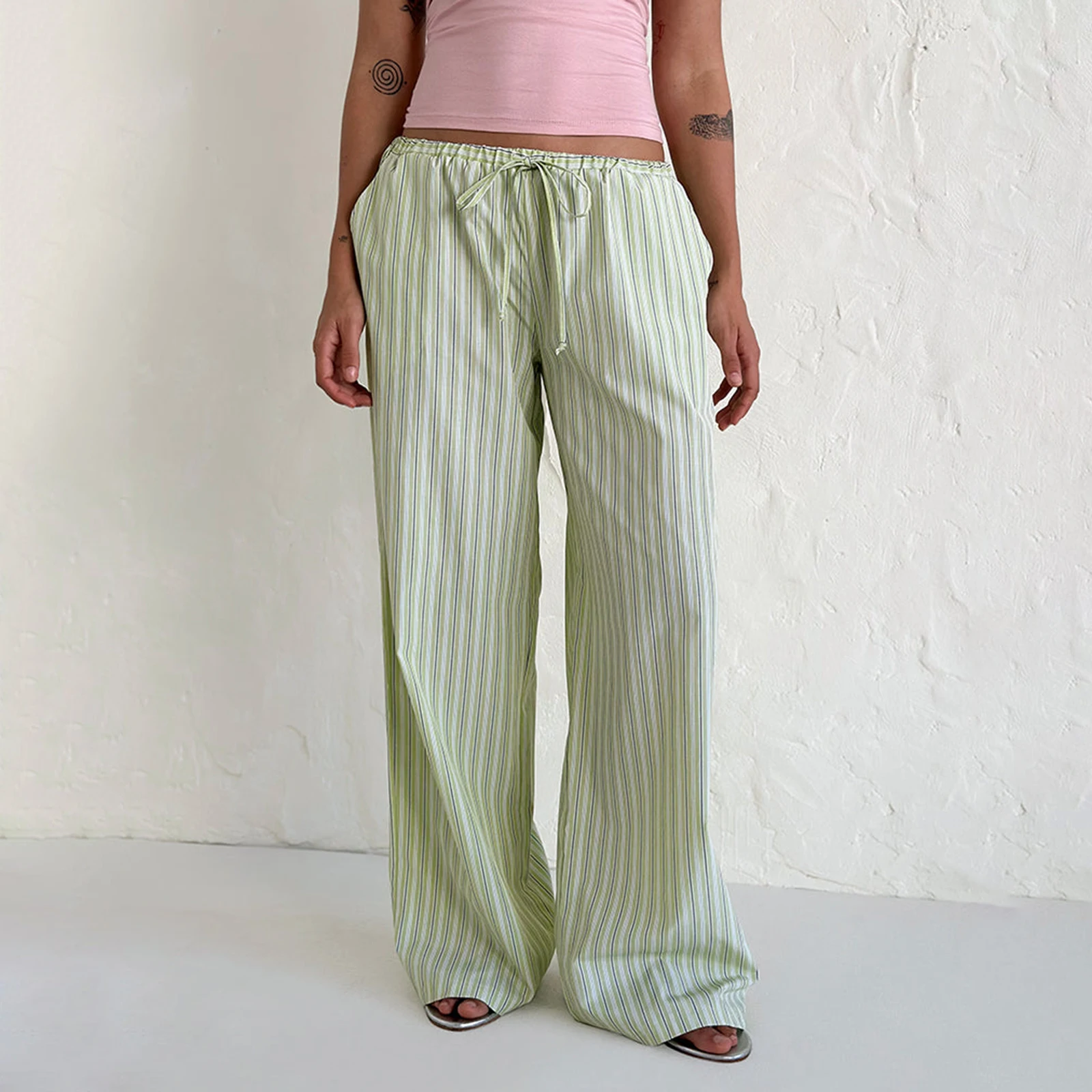 

Women's Casual Straight Pants Elastic Waist Tie Front Striped Print Boxer Wide Leg Pants Lounge Trousers Sleep Bottoms