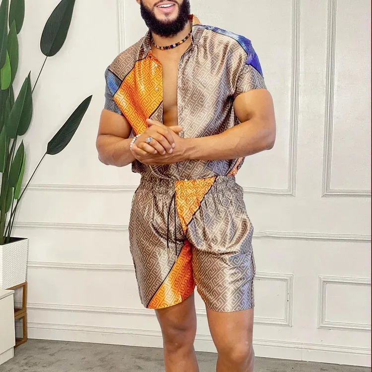 Men Shirt Sets 3D Printed Retro Gold Chain Stripe Pattern Short Sleeve Casual Shirt Oversized Beach Shorts Summer Hawaiian Suits