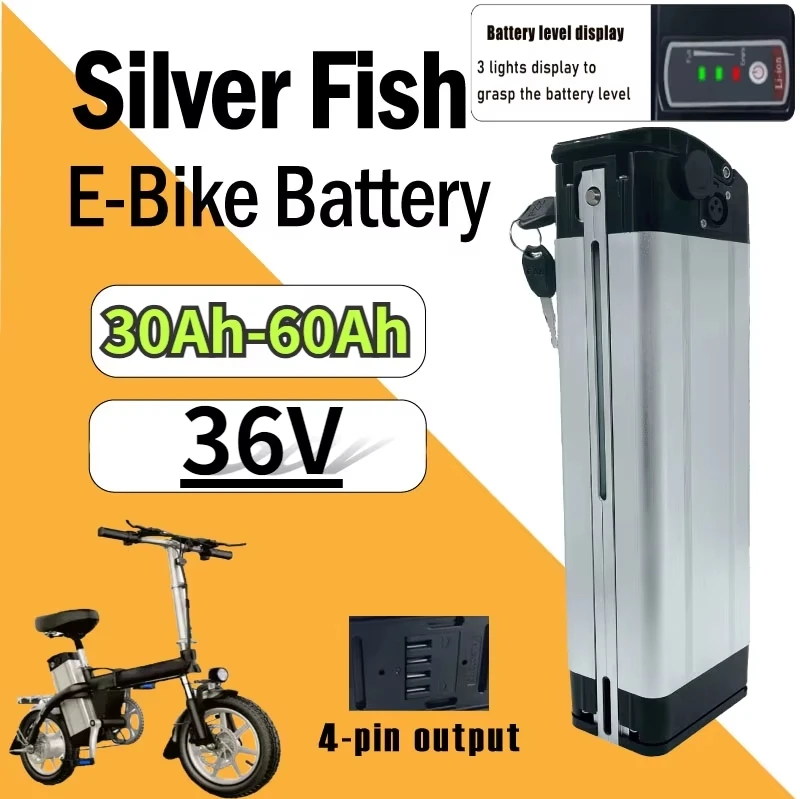 36V20Ah-70Ah 18650 Battery with Anti-theft Lock, 500W, Bottom Discharge Function, Used for Silver Fish Folding Bicycle Battery