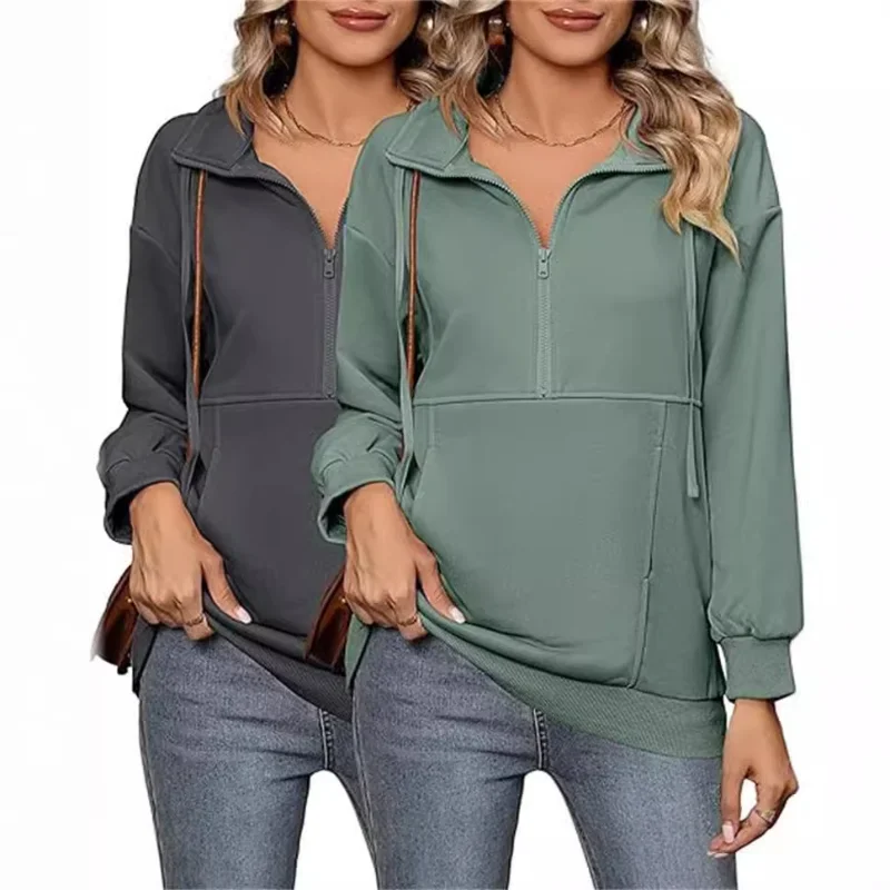 

2024 New Women's Casual Zipper Sportswear with Drawstring Long Sleeve Top