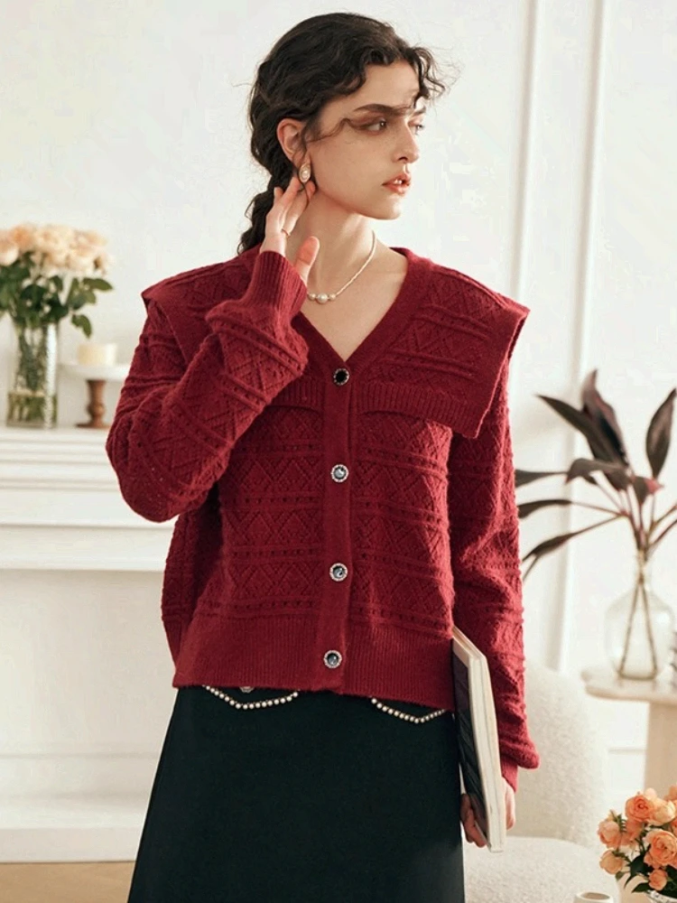

Oriel French Women's Cardigans 2025 New Casual Loose Knitted Sweater Solid Sailor Collar Long Sleeve Female Clothing O23DM69101