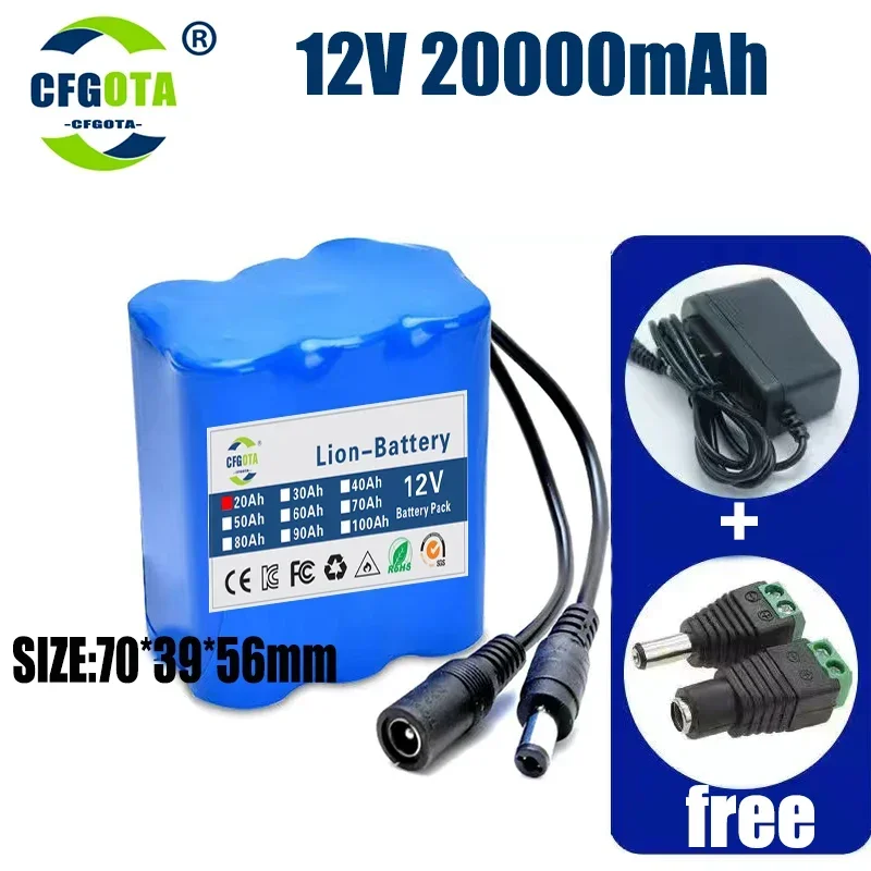 2024 Portable Super 12V20-50Ah Battery Rechargeable Lithium Ion Battery Pack Capacity DC12.6v10Ah CCTV Cam Monitor+Charger