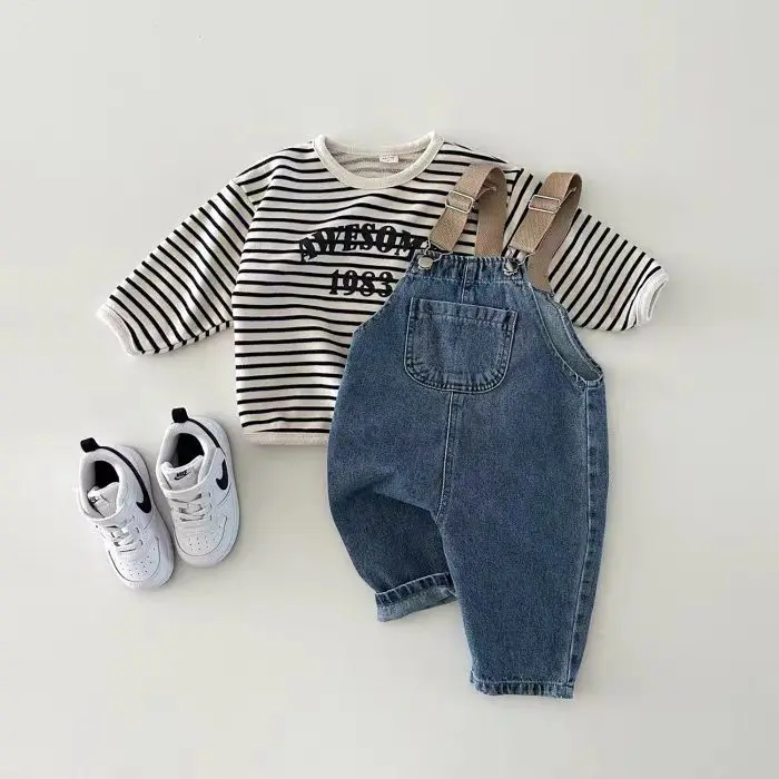 2025 primavera novo bebê denim macacão infantil menino menina sem mangas macacão da criança casual cinta calças crianças versátil jeans sólidos