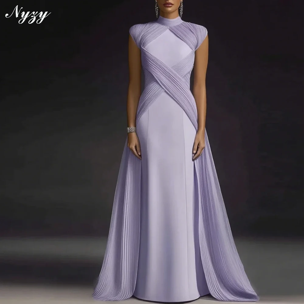 NYZY Лавандовые вечерние платья с высоким воротом и короткими рукавами, перекрестными складками, вечернее платье для выпускного вечера, длинное женское платье, элегантное платье по индивидуальному заказу