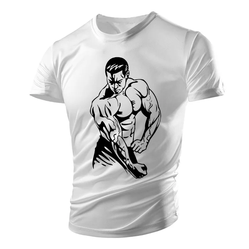 New Summer Gym Sports Men\'s T-shirt Muscle Fun Pattern Tough Guy Style Breathable Light Top Running Quick-drying Short-sleeved