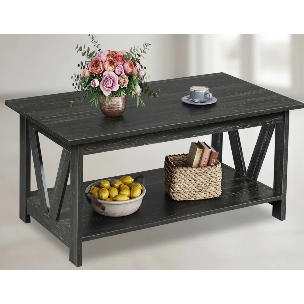 

Farmhouse Coffee Table with Storage Shelf, 39.4" Rustic Wood Center Table for Living Room & Bedroom