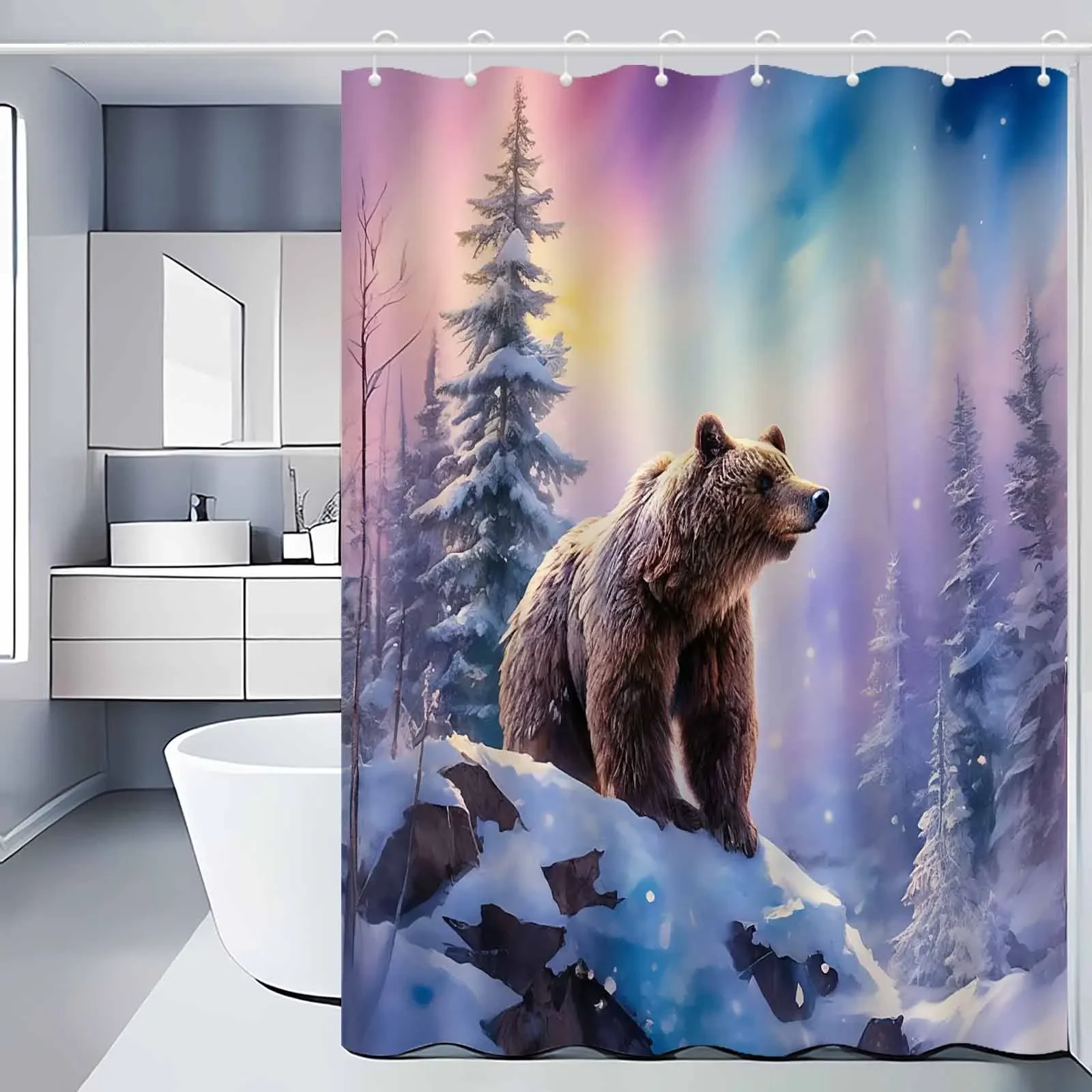 Realistic Brown Bear in Snowy Forest Landscape Shower Curtain Bathroom Decor Waterproof Curtain