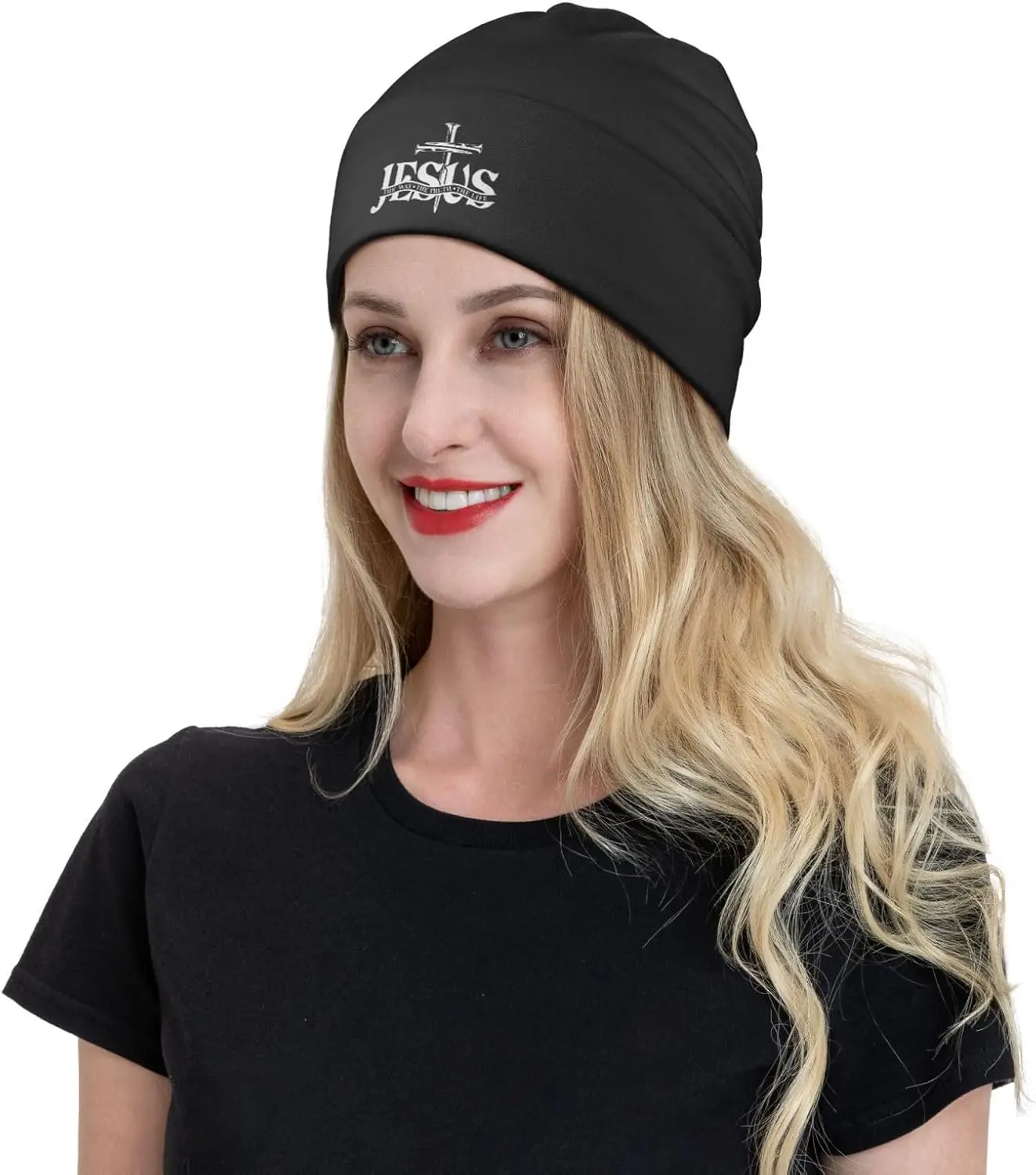 Christian Jesus Cross The Way The Truth The Life Gifts Beanie Hat for Men Women Baggy Skull Cap Winter Ski Knit Cap Black
