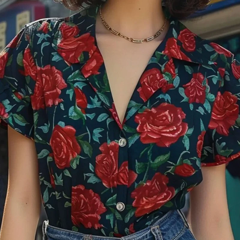 Blusa de manga corta con cuello vuelto, camisa con estampado Floral Vintage, cuello en V, Multicolor, moda coreana, verano, nuevo