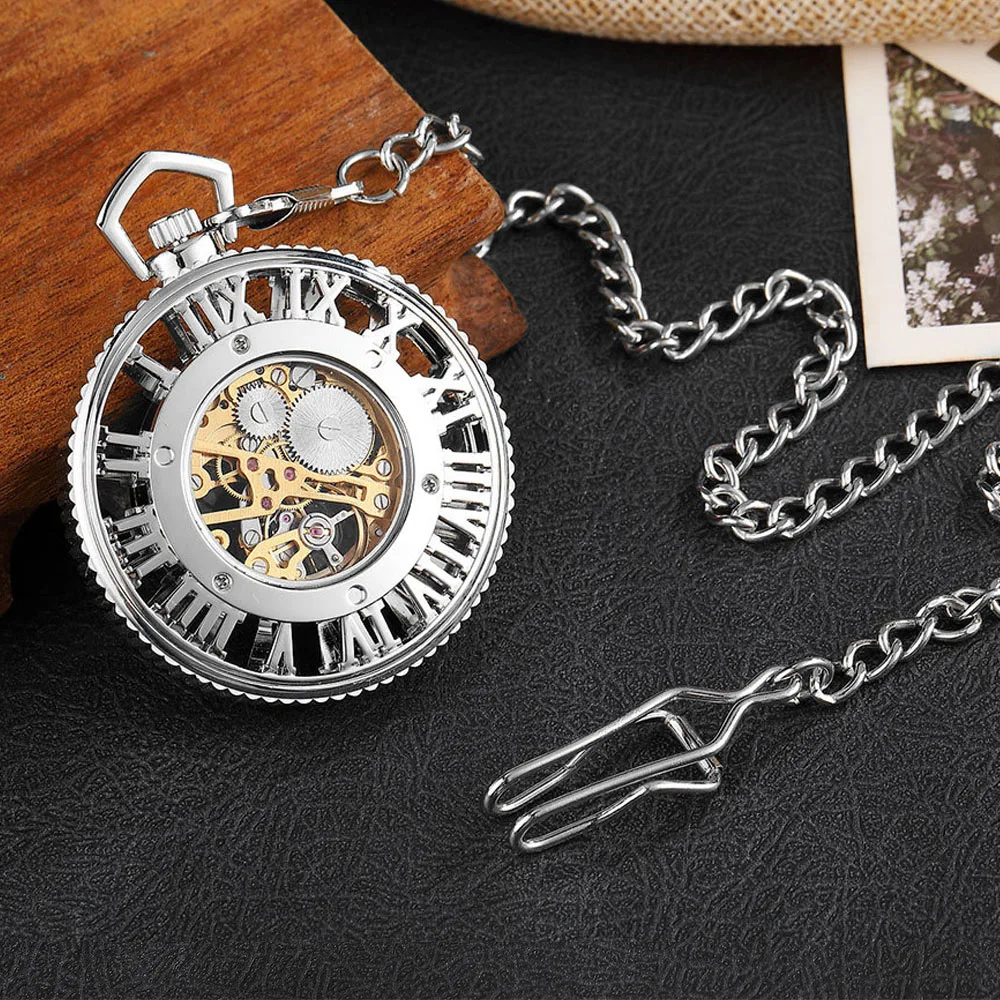 Vintage Roman Numerals Hollow Skeleton  Mechanical Pocket Watch steampunk Style reloj de bolsillo Fob watch кармание часи