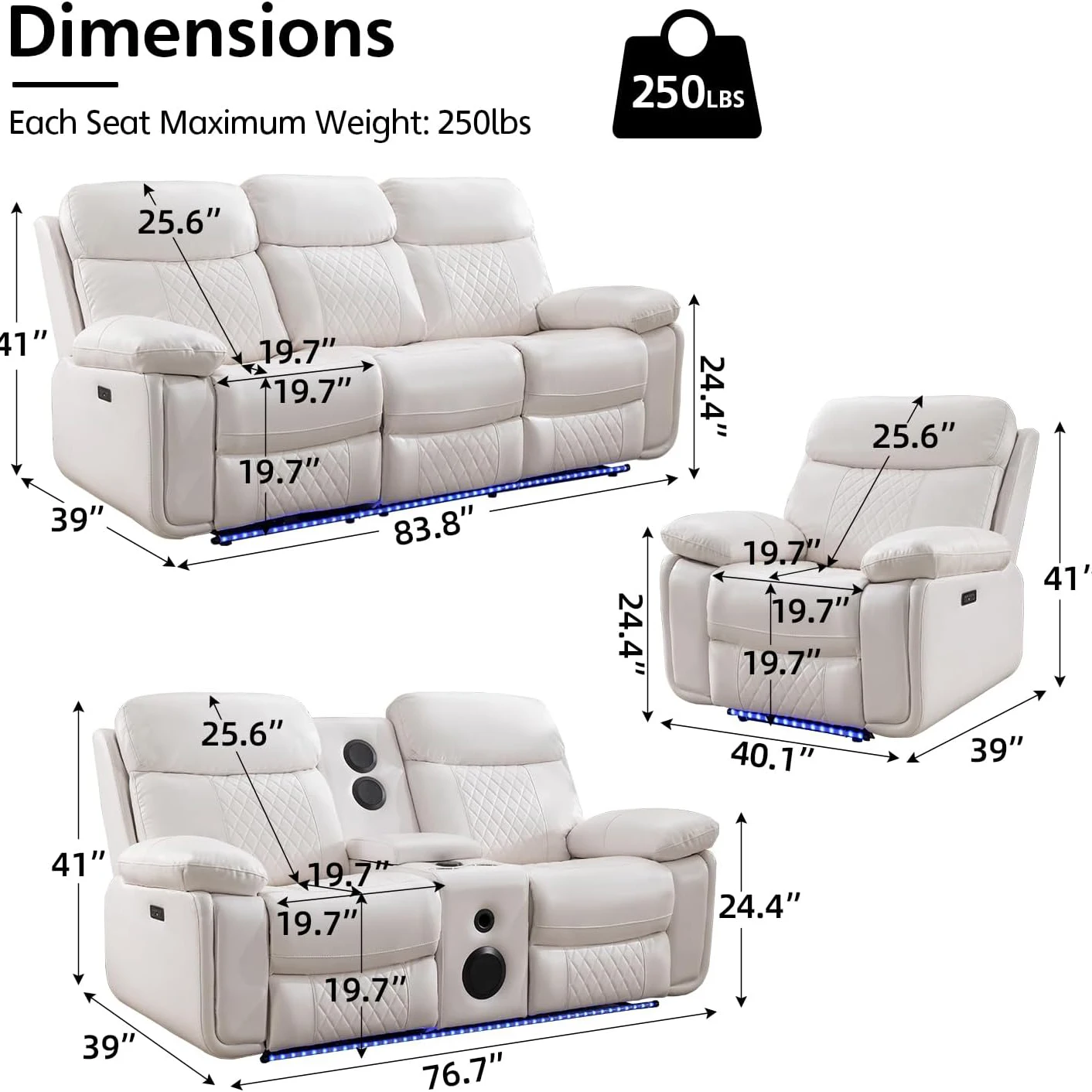 6-Seat Electric Power Recliner Sofa Set With Drop-Off Table, Wireless Charger & Type-C Port, Faux Leather Loveseat With Bass Spe