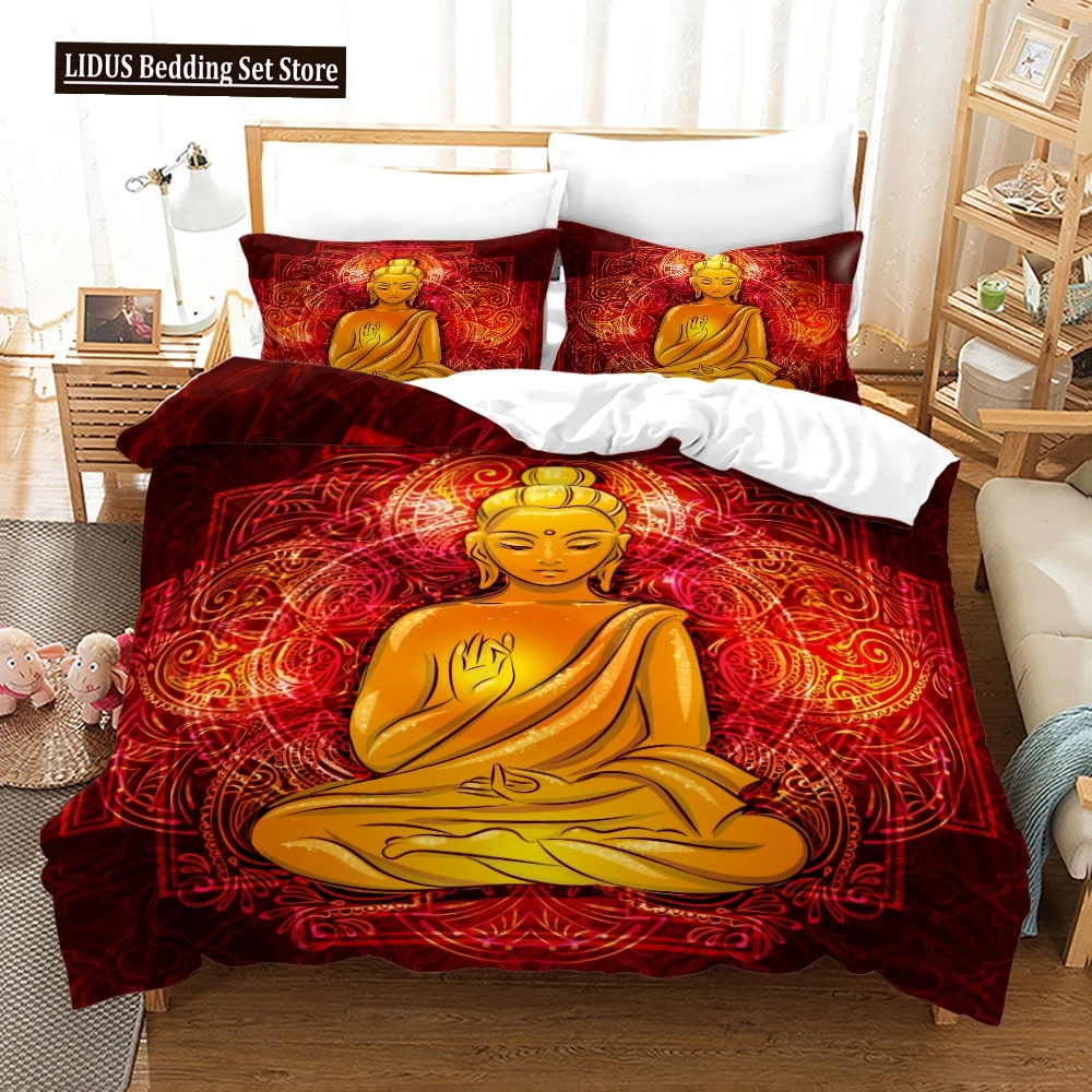 

Buddha Duvet Cover Set 3D Print Red Orange Lotus Flowers Bedding Set Buddhist Decorative King For Kid Boy Polyester Bedding Set