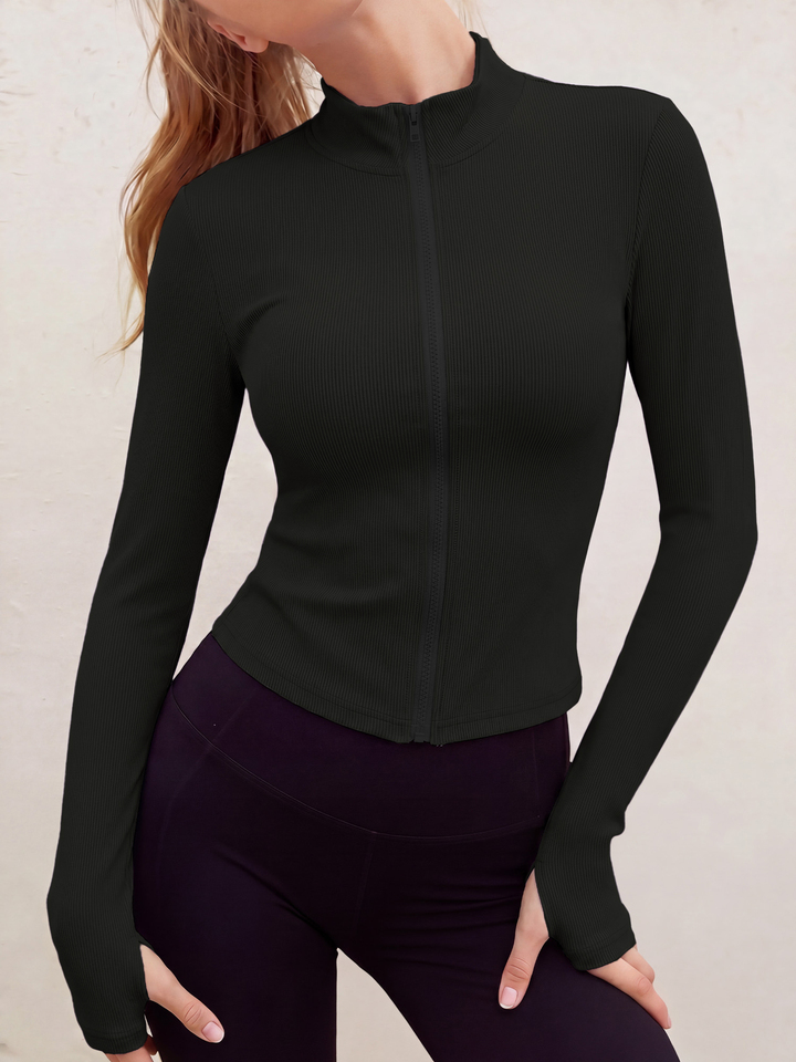  Trend Ribbed Stand Collar Zip Crop Jacket, Slim Long Sleeve Knit Top for Street Snap & Daily Y2K OOTDs 