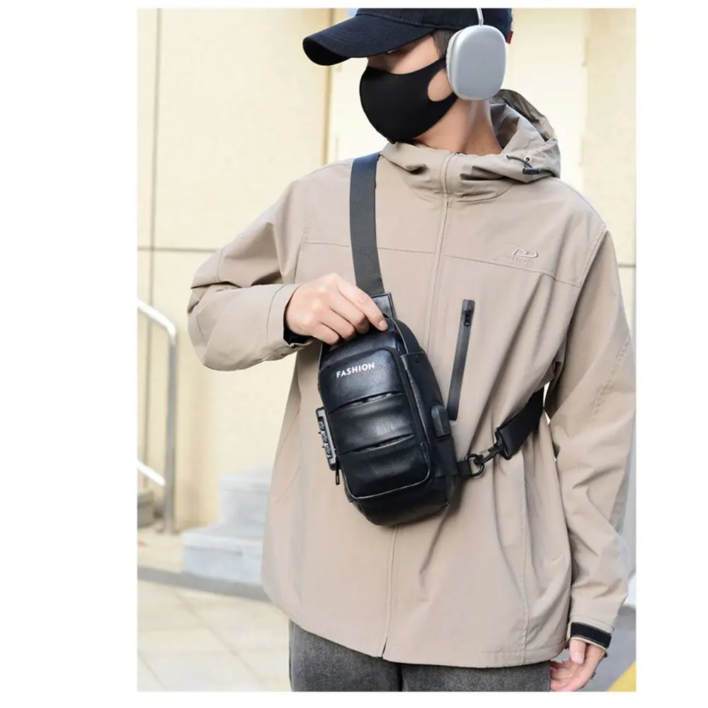 

Casual Anti Theft Password Lock Men's Chest Bag with USB Port PU Waterproof Shoulder Bags Travel Chest Bags for Outdoor Sports