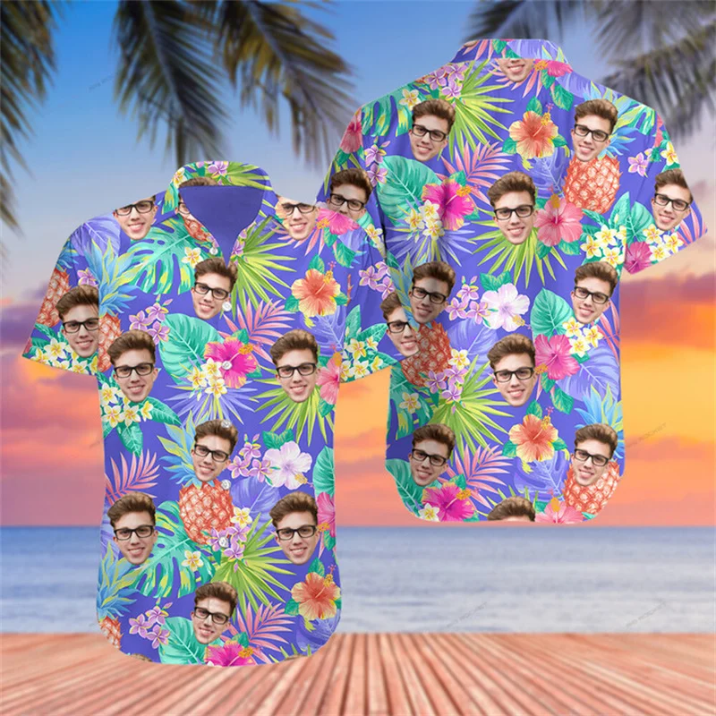 Summer Fashion Funny Custom Photo Tropical Plant Print Hawaiian Shirts Men's Clothing Short Sleeve Button DIY Hip Hop Blouse