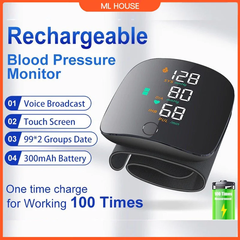 Tensiomètre de poignet rechargeable, moniteur de pression artérielle médical, voix numérique en anglais et en russe, tensiomètre, sphygmomanomètre, tonomètre