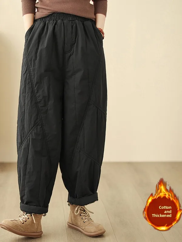 Retro Harajuku Cotton Pants Women's Winter Thiened Warm Trousers Loose Elastic Waist Carrot-aped Casual Outerwear