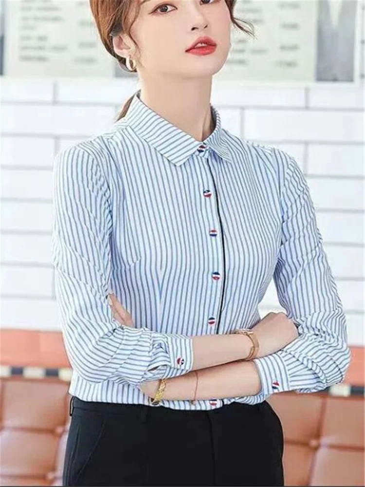 

Stripe Shirt Business Lady Blouses Basice Cardigan Blouses Lapel Long Sleeve Button Up Women's Clothes Formal Feminine Shirt