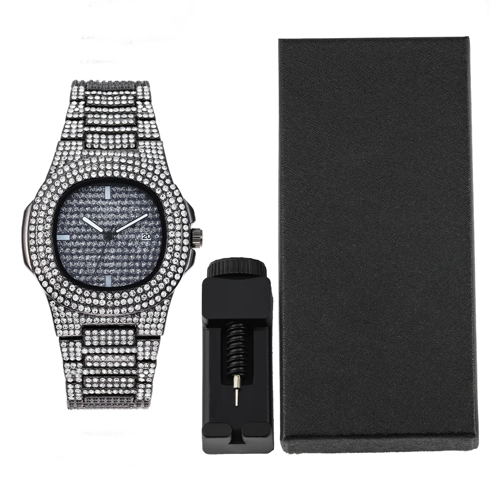 1pc Men Women Quartz Watch Iced Out Hip-hop Punk Full Diamonds Wrist Watch Bundled Size Adjuster Stylish Party Jewelry Gift Box