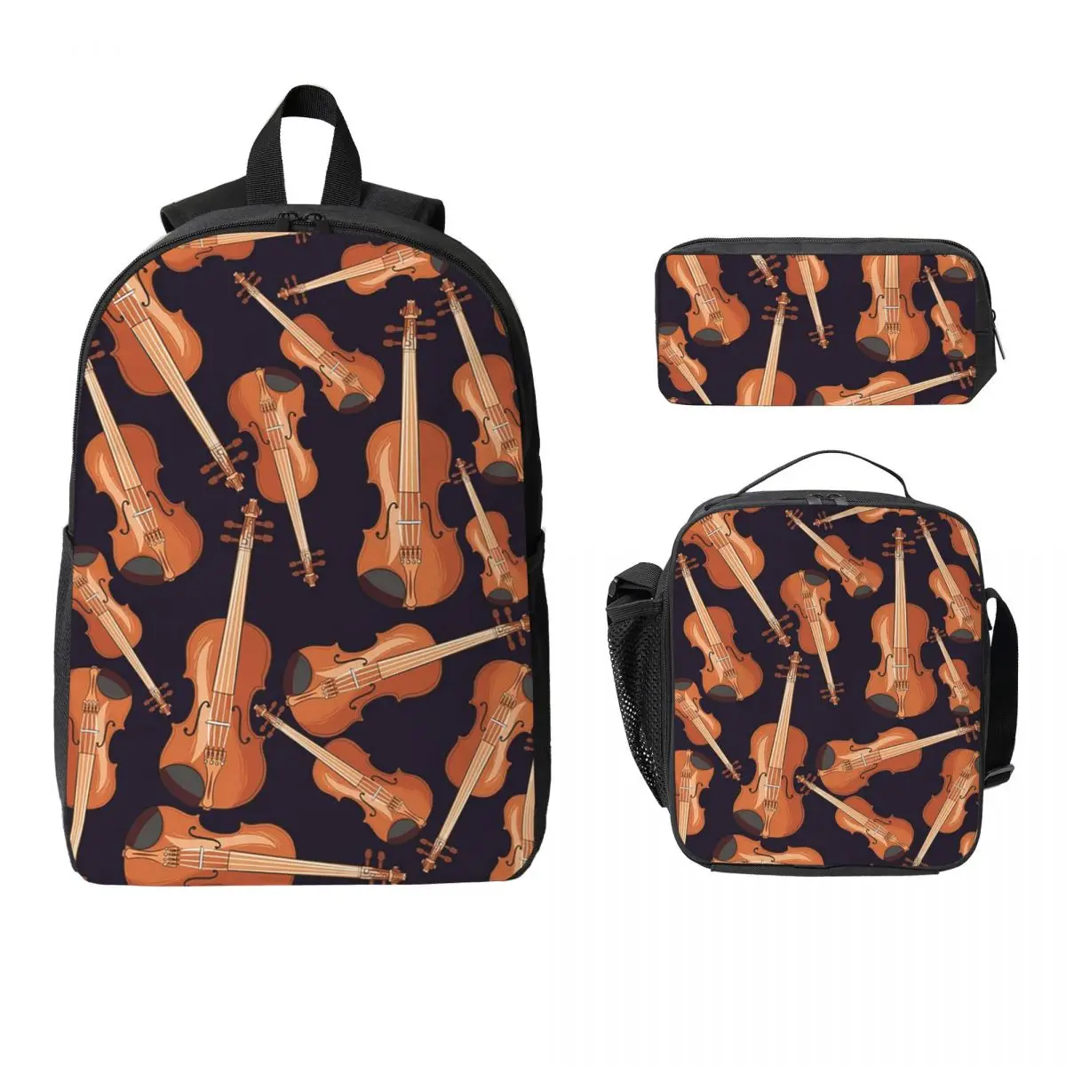 Violin Musical Instrument Pattern Purple Backpack BookBag School Bag Laptop Shoulder Bags 3ps Insulated Lunch Bag Pencil Case