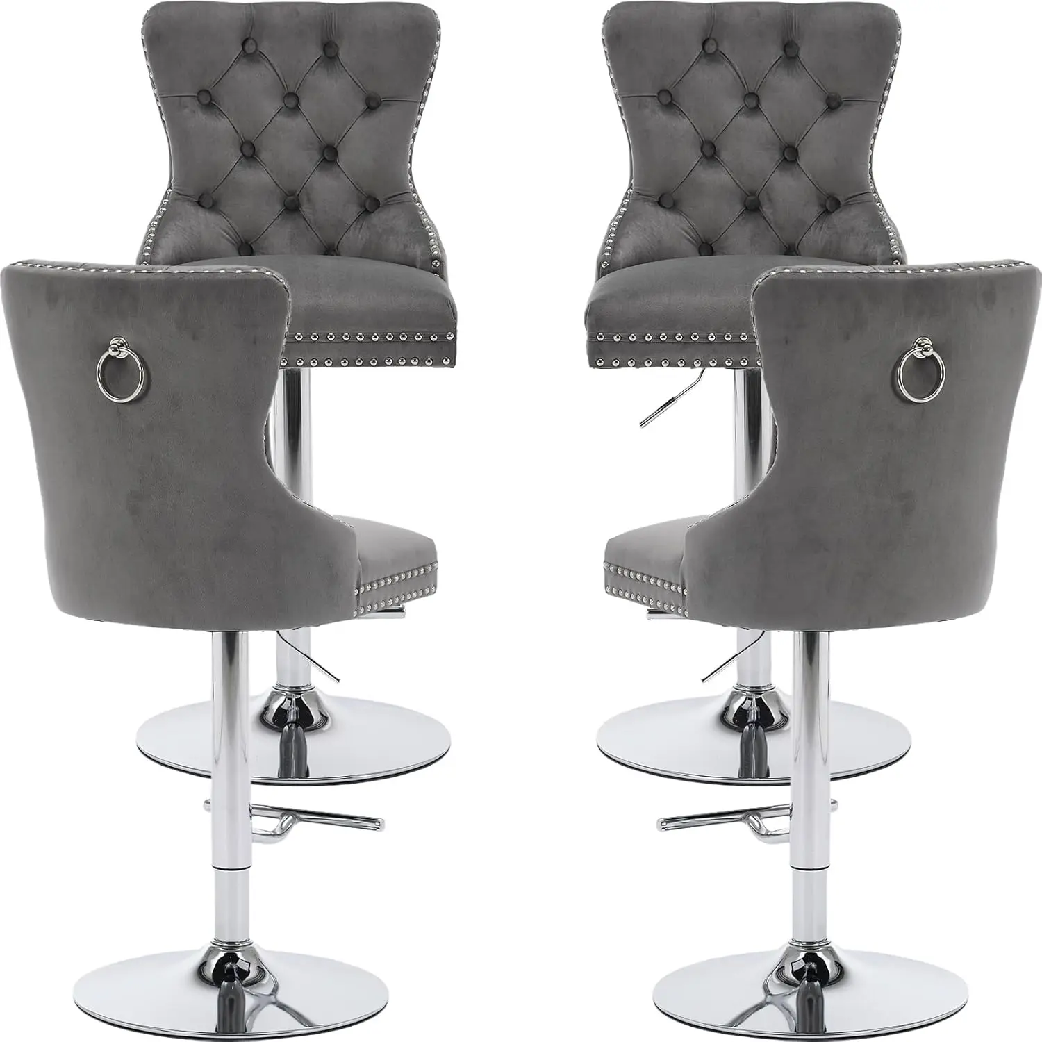 

Gray Velvet Swivel Bar Stools Set 4 Upholstered Back Adjustable Counter Height Modern Kitchen Island Silver Base, Customized