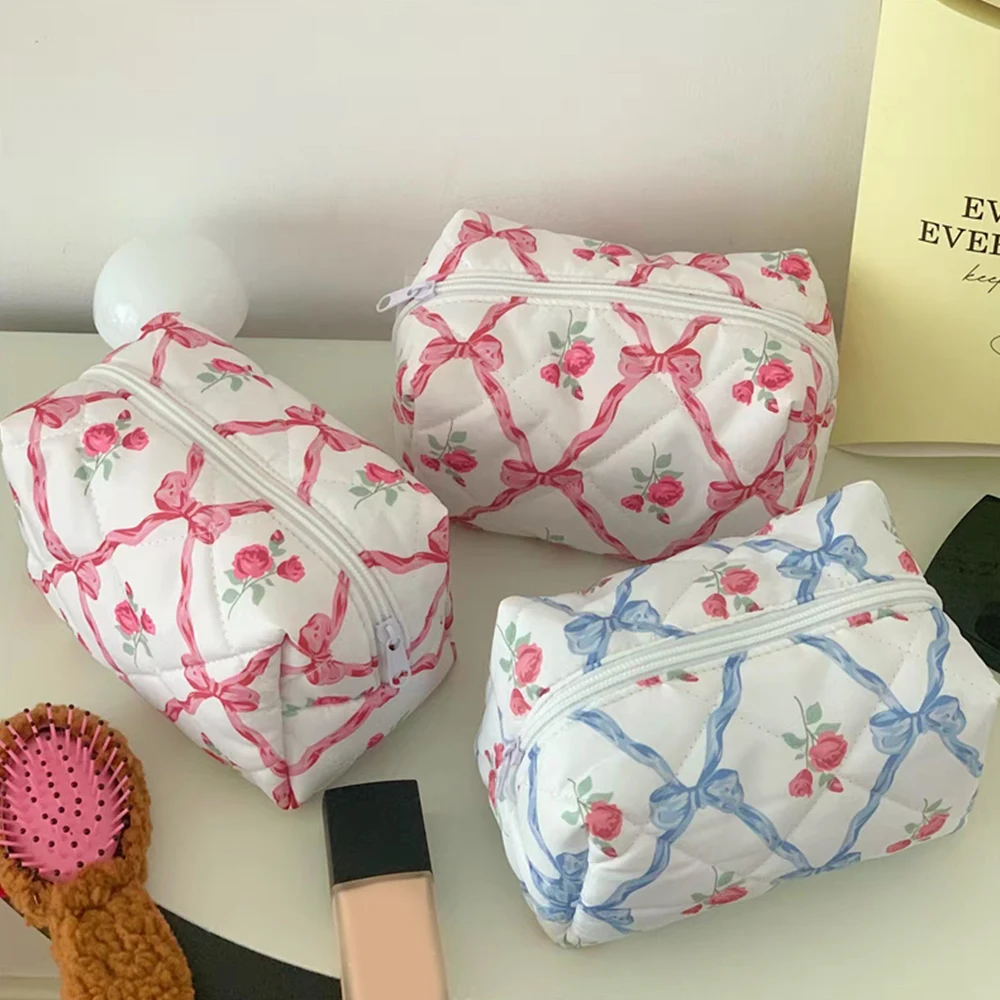 

Fashion Bow Rose Flower Cosmetic Bag Skincare Makeup Organizer Gift Washing Bag For Travel Portable Cosmetics Storage Bag