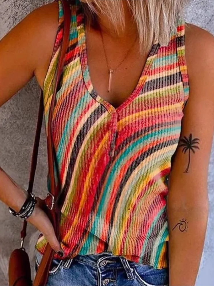 Fashionable V-neck Sleeveless Vest For Women Summer Simple Personalized Printing Casual Loose Tank Top Female