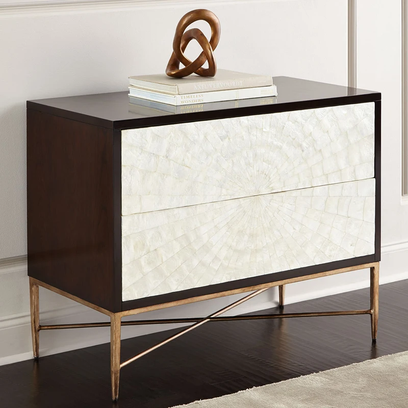

02 American light luxury shell bedside table stainless steel solid wood drawer modern simple storage locker