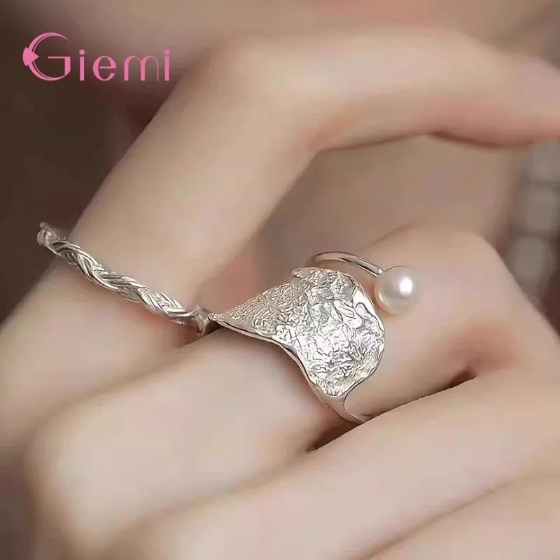 

Винтажные открытые кольца из стерлингового серебра 925 пробы, милое индивидуальное кольцо с жемчугом и геометрической текстурой для женщин и девочек, модные вечерние ювелирные изделия, подарок