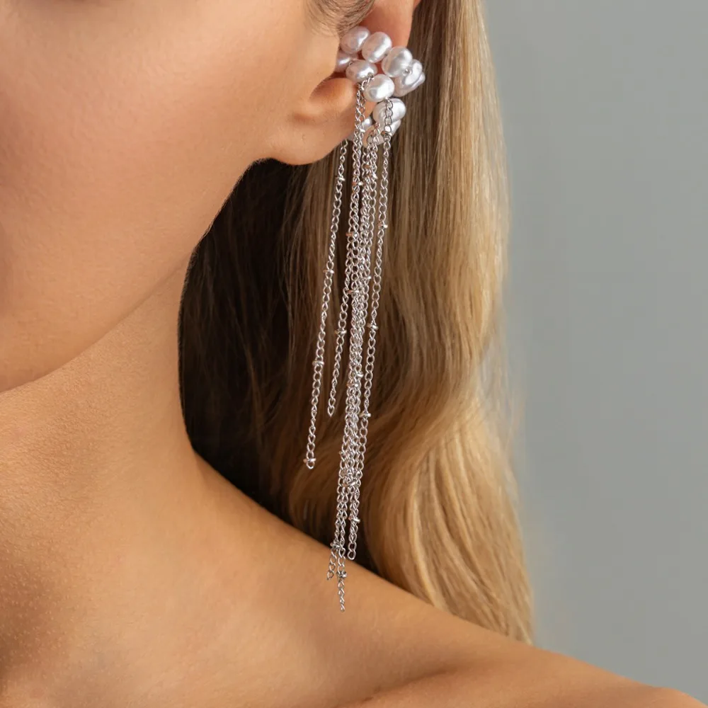High-end Niche Pearl Tassel Long Ear Cuff Personality Chain Non-Piercing Clip-On Statement Fashion Jewelry for Women Party Daily