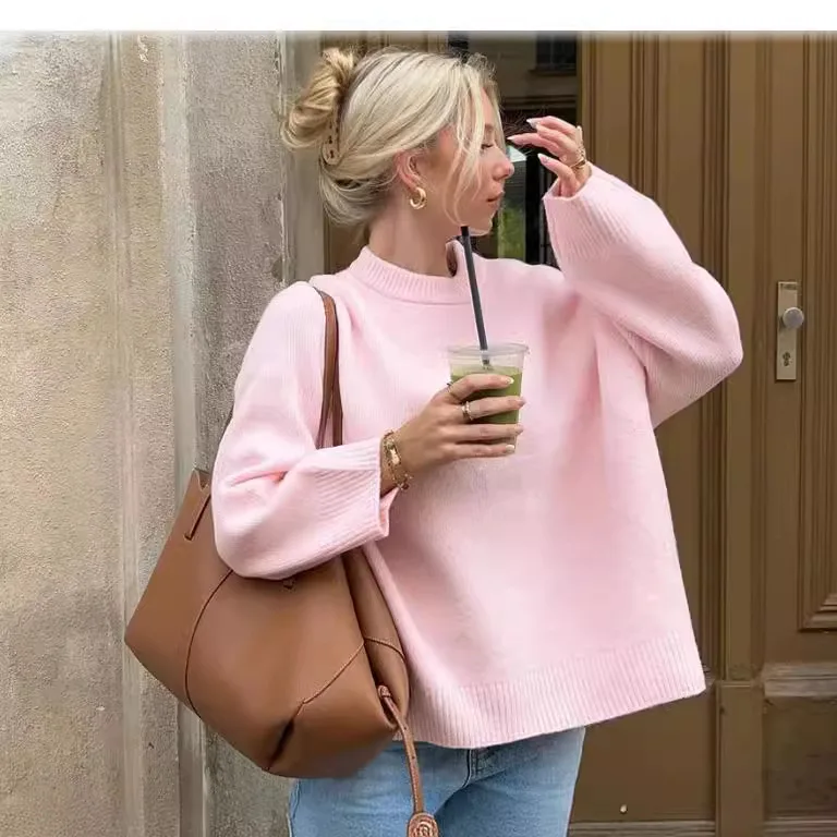 Women Long Sleeve Round Neck Solid Sweaters Autumn Streetwear Knit Basic Pullover Knitwear Loose Elegant  Female Tops