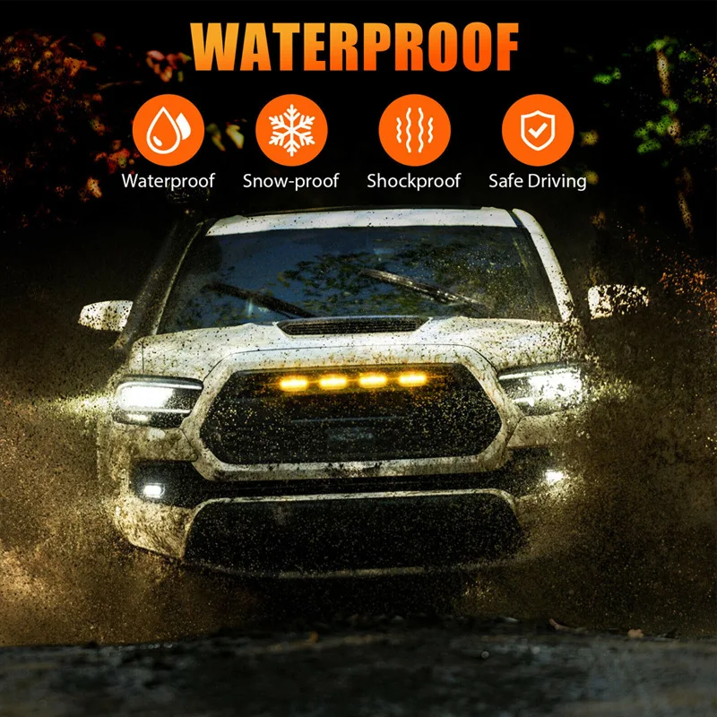 4Pcs Smoked Lens Amber Car Front LED Grille Light DRL With Wire Harness for Ford F150 F250 F350 Raptor Front Grille 12V