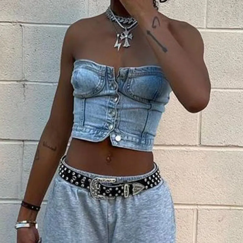 Vintage Women Fashion Short Tube Tank Tops Strapless Denim Bandeau Sleeveless Crop Vest Club Party Costume Strapless Jeans Vest