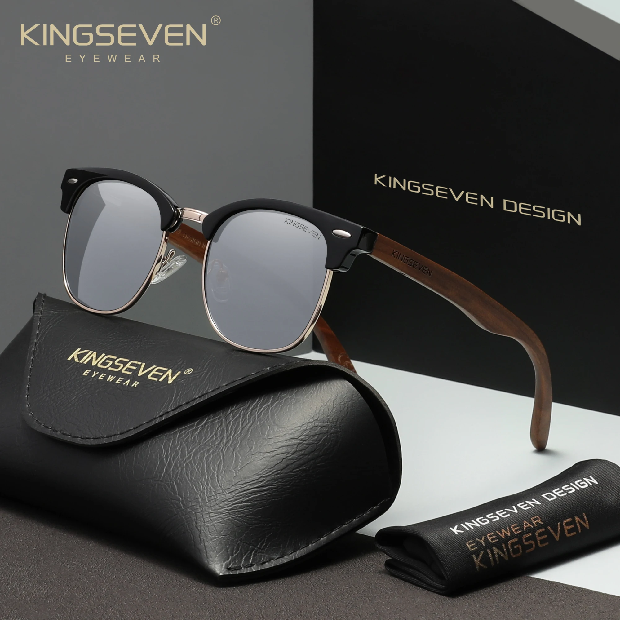 KINGSEVEN Men's Sunglasses for Men Brand Designer Natural Walnut Wood Sun Glasses Women Polarized Eyewear UV400 Eyewear