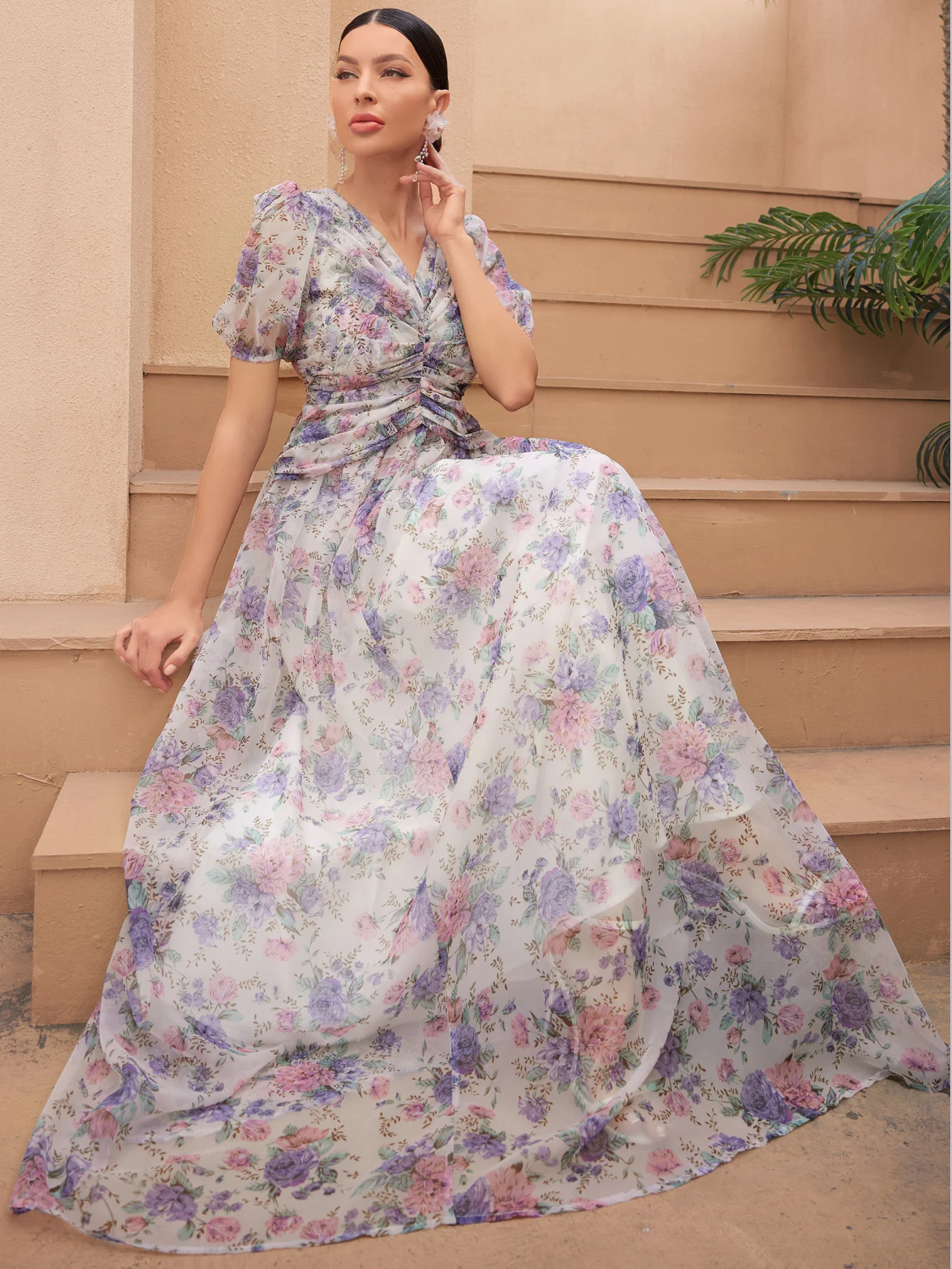 

Элегантное шифоновое платье UNITHORSE с цветочным принтом, V-образным вырезом, драпировкой и пышными рукавами, для вечеринок и свадеб