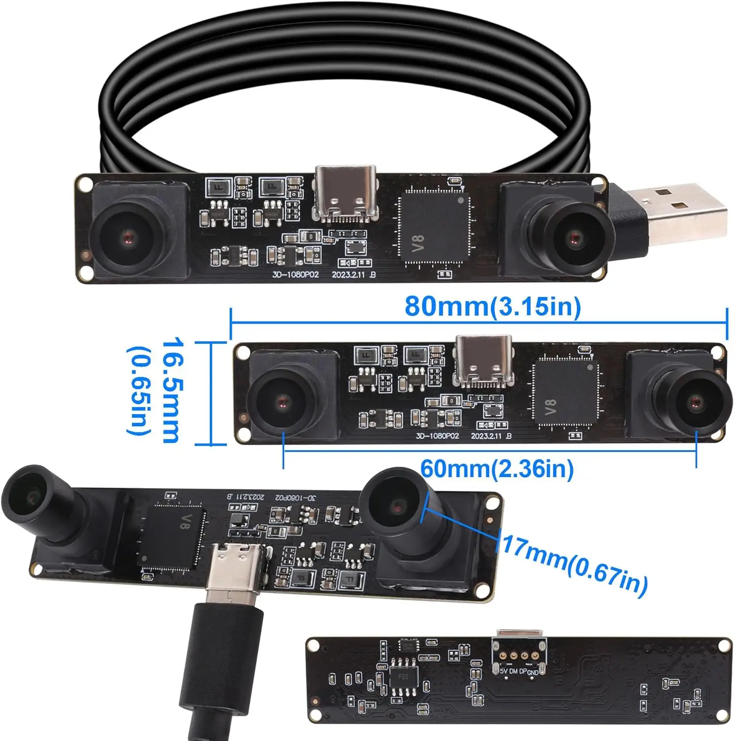 

ELP 4MP Synchronization Dual USB Camera Module High Speed 1080P 60fps 3D Stereo Webcam Board with No Distortion Lens