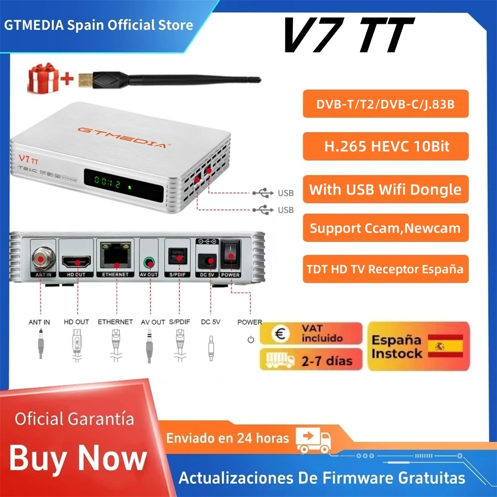 GTMEDIA V7 TT Terrestrial TV Receiver DVB-T/T2/C,CCAM,H.265 HEVC 10Bit,tdt hd tv receptor españa With USB WIFI Official Genuine