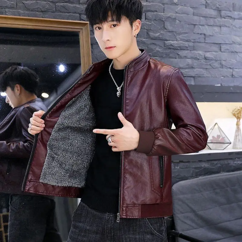 

Мужская короткая тонкая куртка из искусственной кожи с меховой подкладкой, модные теплые осенне-зимние пальто