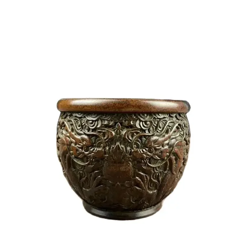 Jinggong Wholesale Brass Su Gong Purple Copper Wealth Jar Double Dragon Xiangyun Carving Jar Home Living Room Decoration Crafts