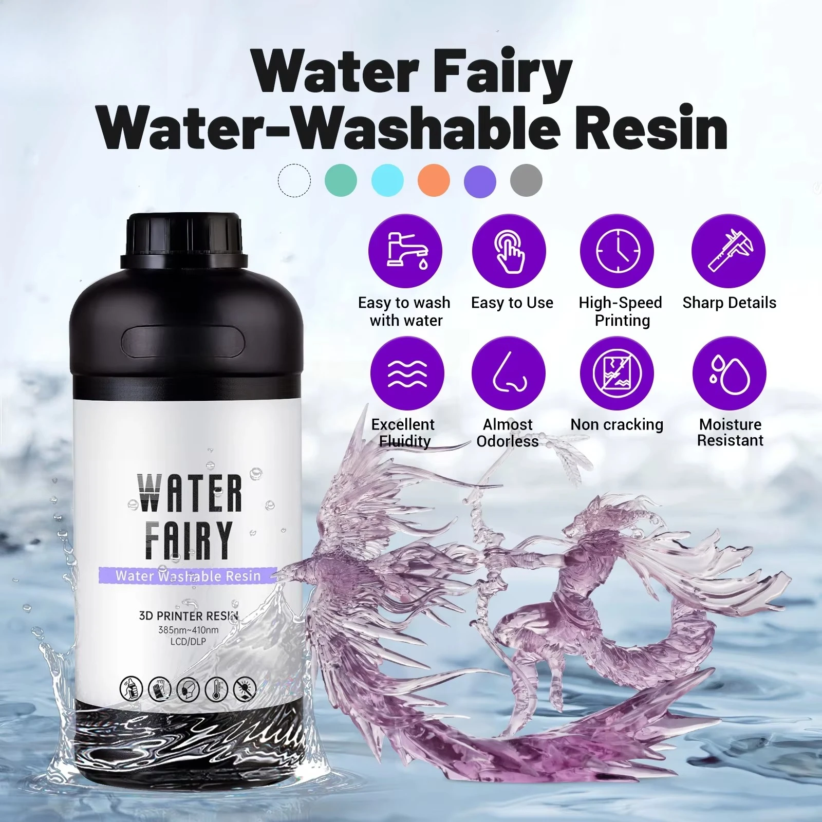 1KG 405nm High Speed Water Clean Purple UV Resin Crystal Tone Low Shrink Photopolymer Compatible All Desktop DLP LCD Printers