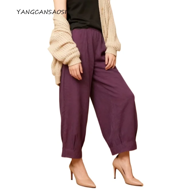

Women's Fashionable Comfortable New 100% Natural Mulberry Silk Gambiered Guangdong Gauze Women's Purple Wide Leg Pants